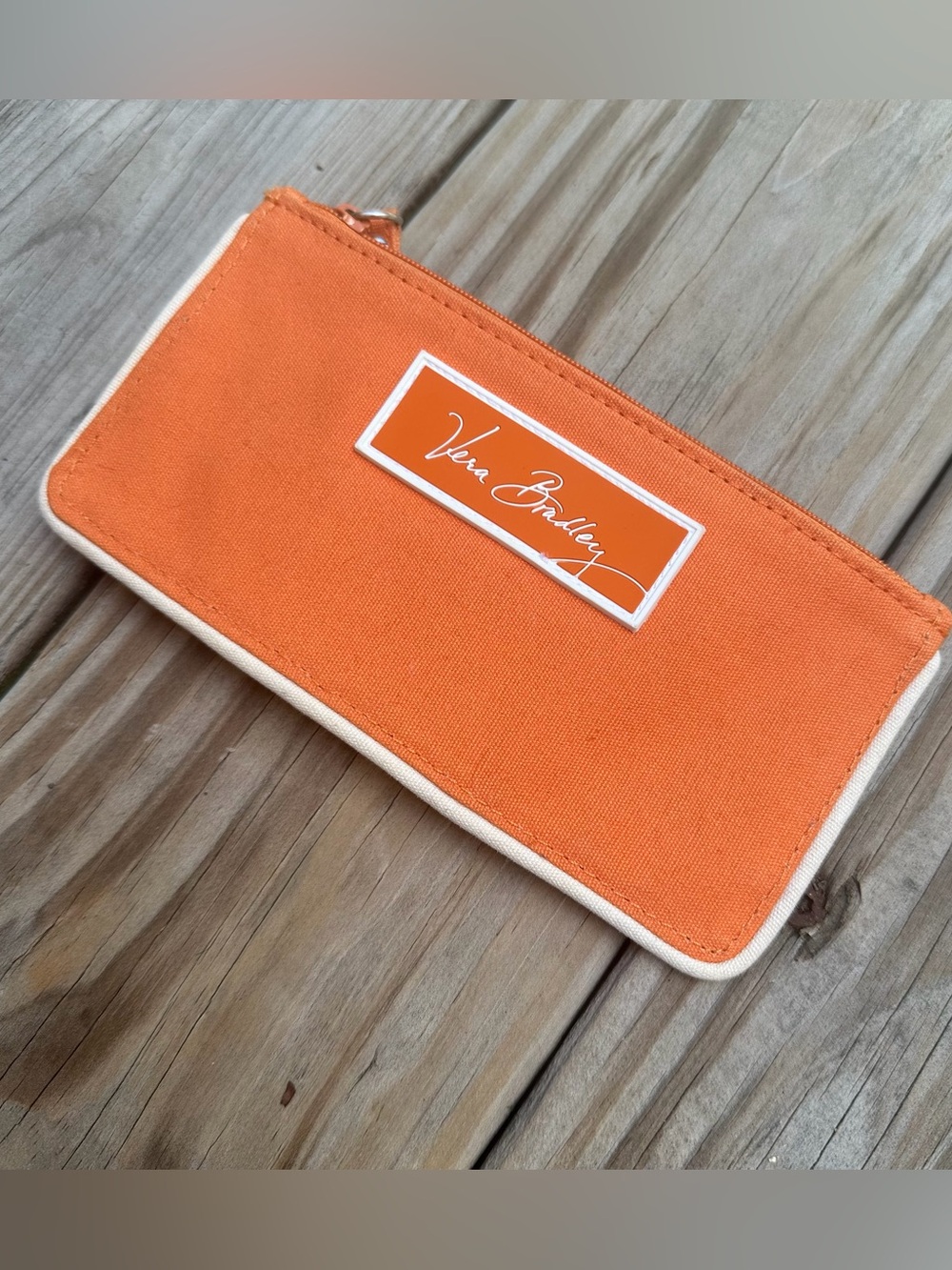 Vera Bradley Small Thin Orange Travel Card Organizer Wallet With Flower Trim